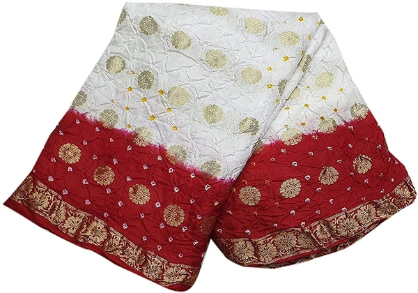 PK MART Women's art silk Zari butti Handmade Bandhej saree with zari weaving border fabric - White & Red