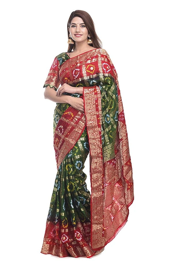 PK MART Women's art silk Zari butti Handmade Bandhej saree with zari weaving border fabric - White & Red