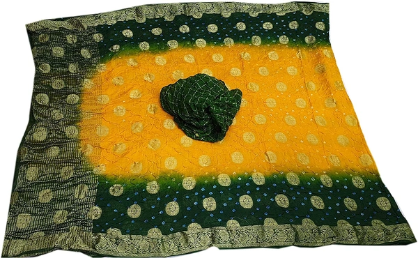 PK MART Women's art silk Zari butti Handmade Bandhej saree with zari weaving border fabric - Yellow & Green