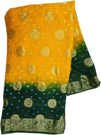 PK MART Women's art silk Zari butti Handmade Bandhej saree with zari weaving border fabric - Yellow & Green