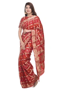 PK MART Women's art silk Zari butti Handmade Bandhej saree with zari weaving border fabric - Yellow & Green