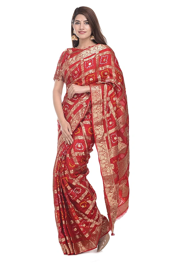 PK MART Women's art silk Zari butti Handmade Bandhej saree with zari weaving border fabric - Yellow & Green