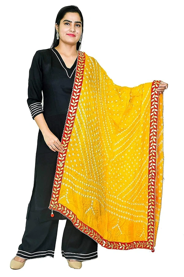 PK HUB PK MART  Women's Jaipuri Art Silk Bandhej Rajasthani Bandhani Dupatta with Velvat border - FREE SIZE, Yellow