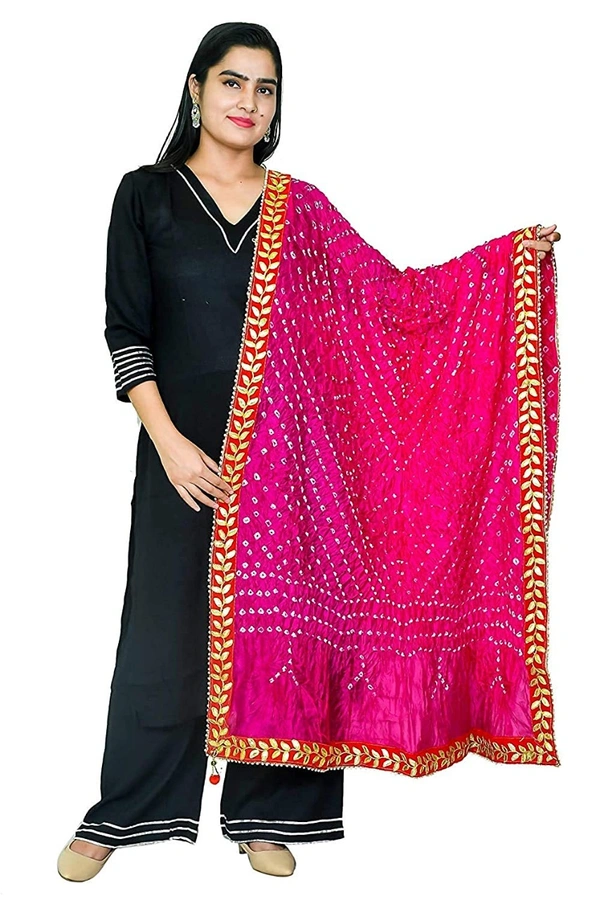 PK HUB PK MART  Women's Jaipuri Art Silk Bandhej Rajasthani Bandhani Dupatta with Velvat border - FREE SIZE, Pink