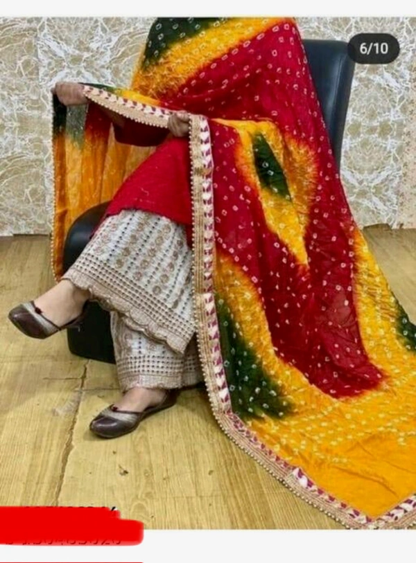 PK MART Women's Silk Jaipuri Rajasthani Bandhani Bandhej Heavy Dupatta with Gota Work and Latkan - Free Size, Multicolor
