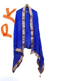 PK MART Women's Silk Jaipuri Rajasthani Bandhani Bandhej Heavy Dupatta with Gota Work and Latkan - Free Size, Blue
