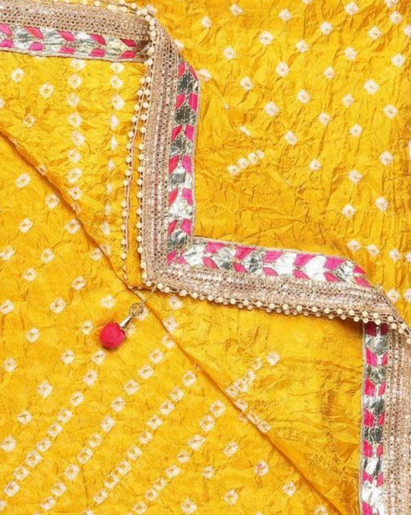 PK MART Women's Silk Jaipuri Rajasthani Bandhani Bandhej Heavy Dupatta with Gota Work and Latkan - Free Size, Yellow
