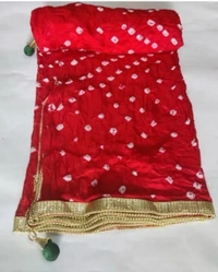PK MART Women's Silk Jaipuri Rajasthani Bandhani Bandhej Giliter border Dupatta - Free Size, Red