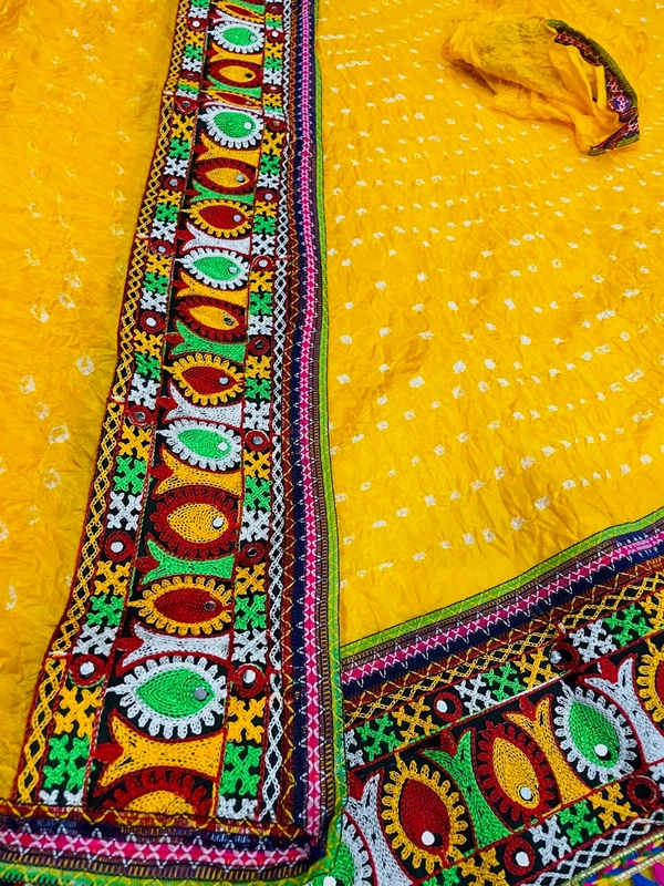 PK MART® Women's Art Silk Rajasthani Bandhej Stitched Ready to Wear Lehenga Choli with Dupatta Set - Free Size, Yellow