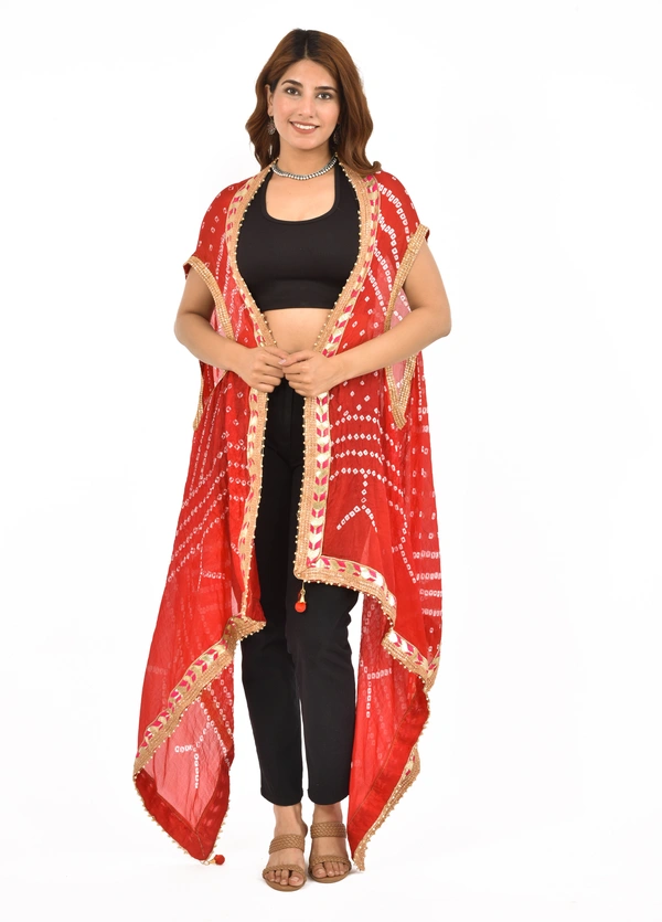 PK HUB PK MART®Jaipuri Rajasthani Shrug Women Silk Bandhani Bandhej Multi-Colored Heavy Dupatta shrug style with Gota Work and latkan - FREE SIZE, Red