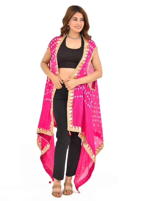 PK HUB PK MART®Jaipuri Rajasthani Shrug Women Silk Bandhani Bandhej Multi-Colored Heavy Dupatta shrug style with Gota Work and latkan - FREE SIZE, Pink