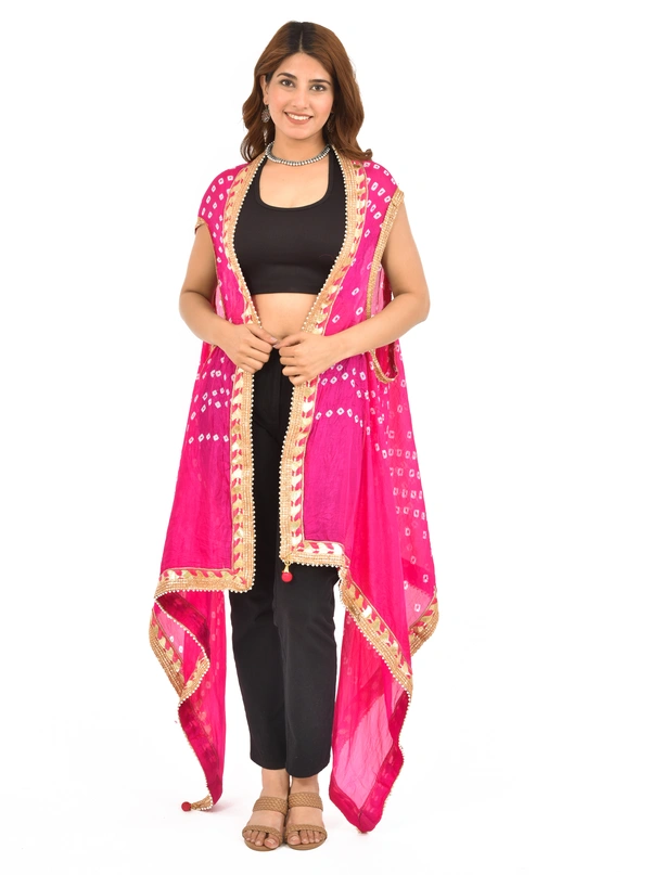 PK HUB PK MART®Jaipuri Rajasthani Shrug Women Silk Bandhani Bandhej Multi-Colored Heavy Dupatta shrug style with Gota Work and latkan - FREE SIZE, Pink
