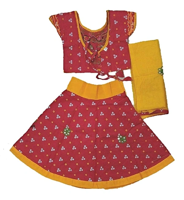Traditional Navratri Garba Special Cotton Chaniya Choli With Embroidered Mirror Work With  Dupatta For Kids Girl's - 3Y - 4Y
