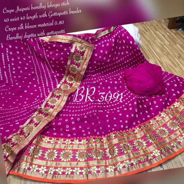 Women's Jaipuri Crepe Lehenga Choli with Art Silk bandhej Dupatta Gota Patti Work, Free Size - Pink