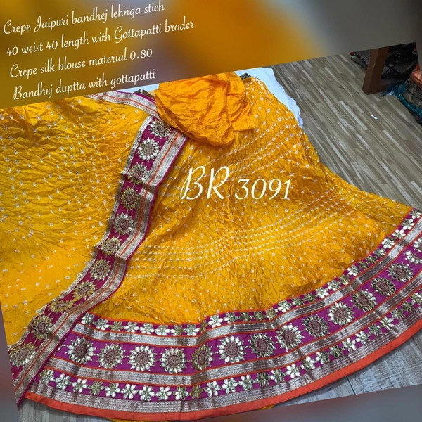 Women's Jaipuri Crepe Lehenga Choli with Art Silk bandhej Dupatta Gota Patti Work, Free Size - Yellow