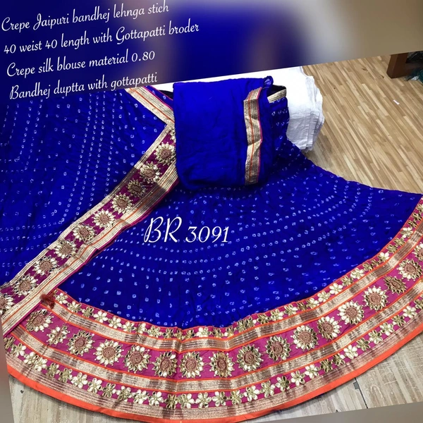 Women's Jaipuri Crepe Lehenga Choli with Art Silk bandhej Dupatta Gota Patti Work, Free Size - Blue