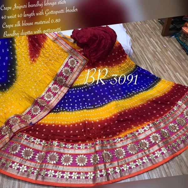 Women's Jaipuri Crepe Lehenga Choli with Art Silk bandhej Dupatta Gota Patti Work, Free Size - Multicolor