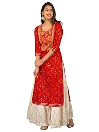 N-KARWACOTH-M Women Rayon Straight Golden Foil Printed Kurta with Palazzo || Kurti with Palazzo Set for Casual Party & Festival Wear in Round Neck with 3/4 Sleeve for Girls - M, Red