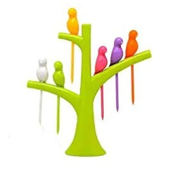 Bird Plastic Fruit Fork Pack with Stand, 6-Pieces (Multicolor) - 2