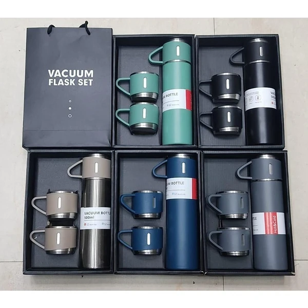 Stainless Steel Vacuum Insulated Flask with 3 steel Cups  