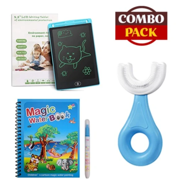 LCD Writing Pad/Tablet with Reusable Magic Water Book and U Shaped 360 Degree Soft Toothbrush for Kids