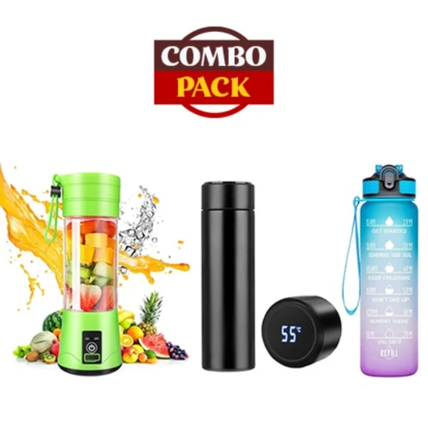 Portable Electric USB Juicer with LED Temperature Display Stainless Steel and Unbreakable Motivational Water Bottle