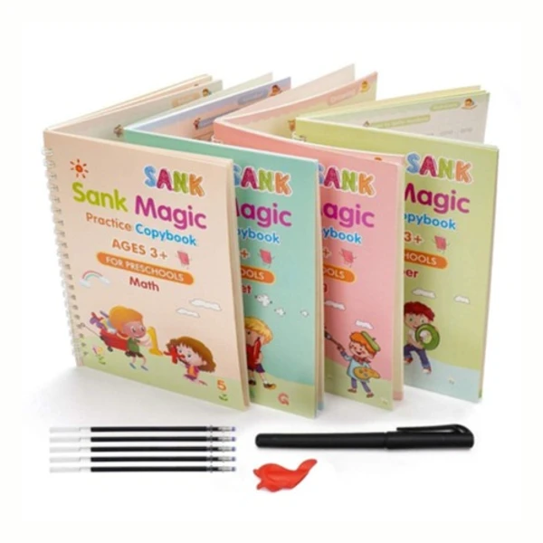 Reusable Sank Magic Calligraphy Copybook Set for Kids (4 Book+1 Pen+10 Refill+1 Grip) - Pack of 1