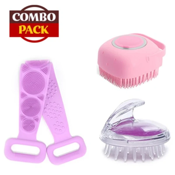 Silicone Body Bath Belt, Bath Brush and Shampoo Brush (Combo Pack)