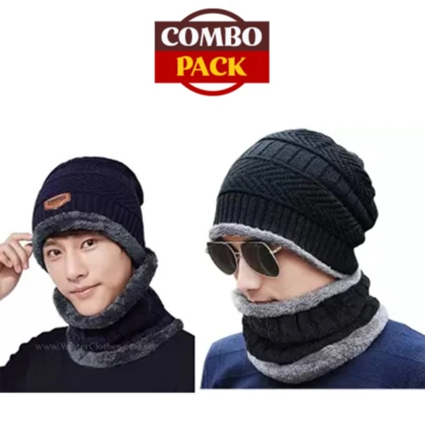 Winter Woolen Cap with Neck Scarf - Pack of 2