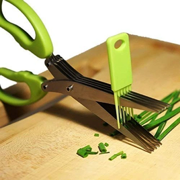 5 in 1 Vegetable Scissor Multi-Functional Stainless Steel Kitchen Knives 5 Layers Scissors for Kitchen use Cut Herb Spices Cooking Tools Vegetable Cutter with Cleaning Brush (Multicolor)