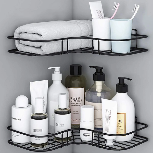 Self-Adhesive Shelves for Corner Walls for Bathroom Organizer - Bathrom Corner Shelf with Magic Sticker (Black) Metal