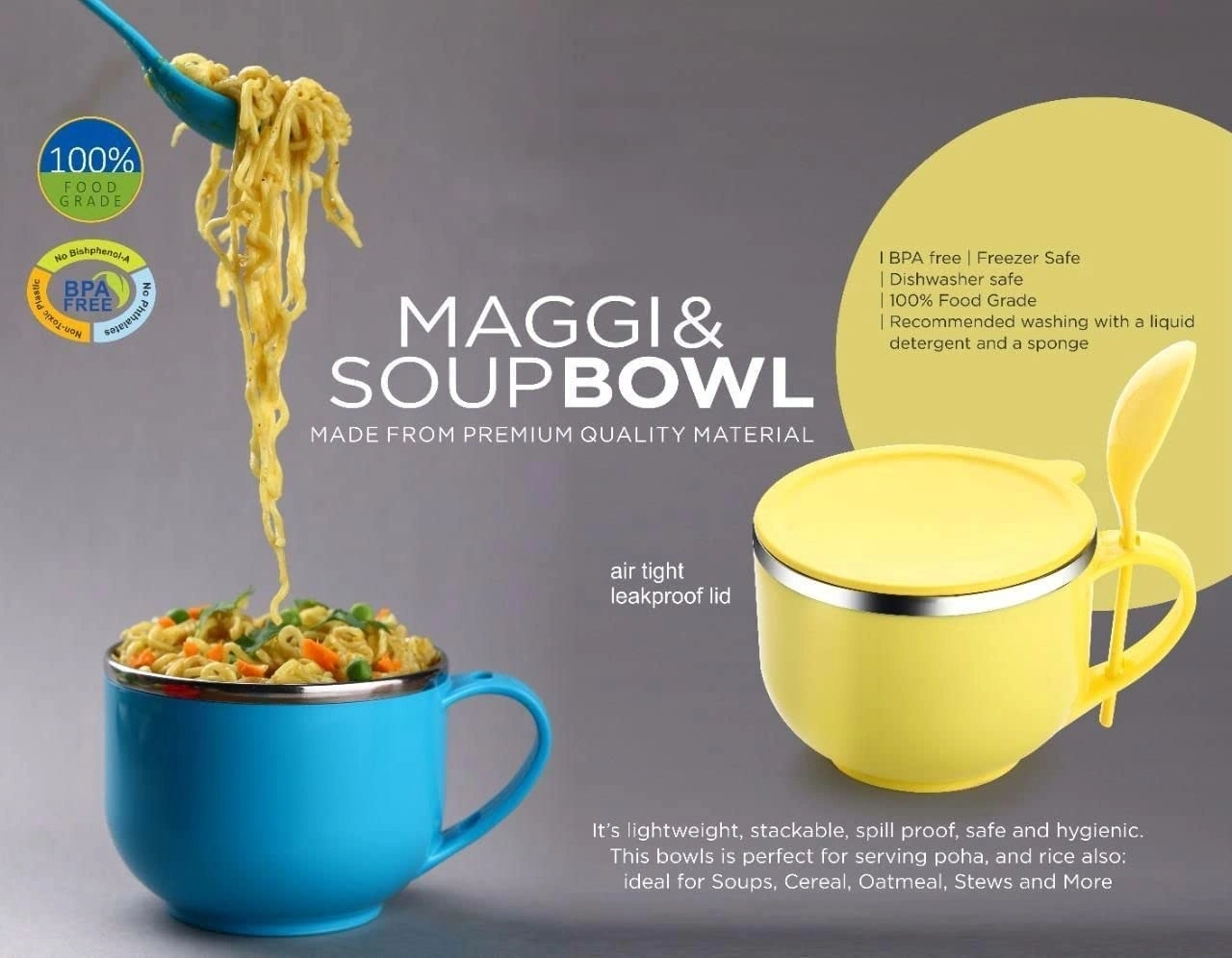JK Maggi Noodles Soup Bowl with Spoon, Airtight Leakproof Lid