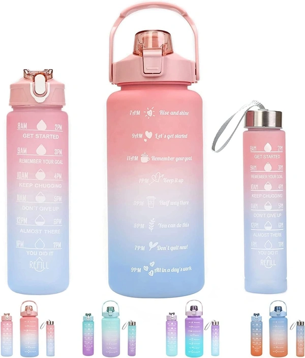  Water Bottle 3 Pcs Set with Unbreakable silicon Motivational Time Marker with Straw Leakproof BPA free Non-toxic Fitness Sports Water Bottle for Office Sports Gym 2000ML 900ML 300ML