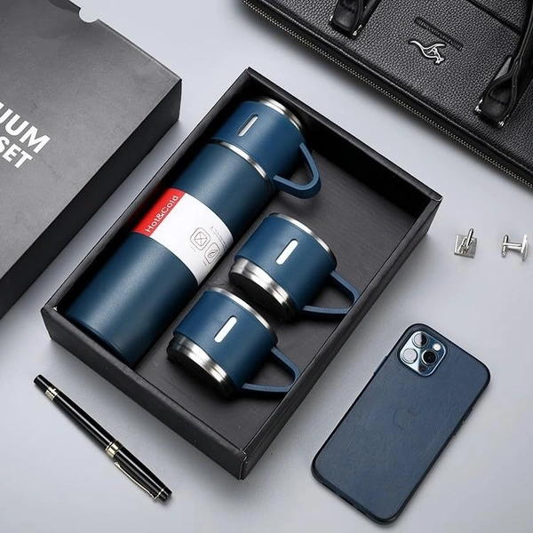 Vacuum Flast Set with 2 Mugs (Blue)