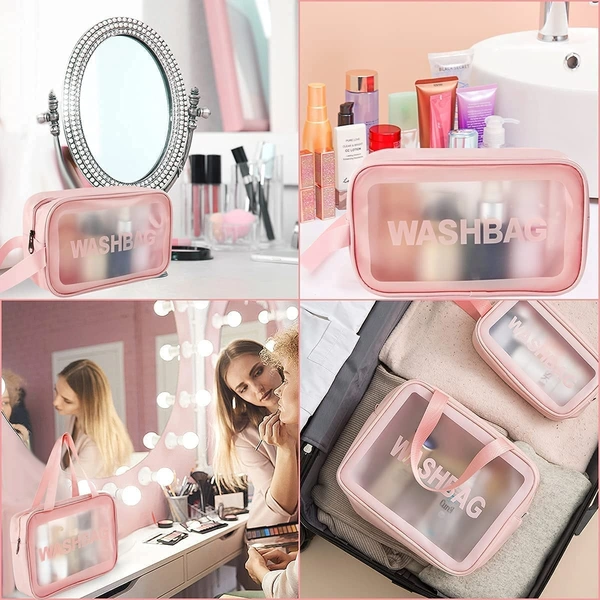Cosmetic Pouch, Make up Bag for Home & Travel, Toiletry Bag for Cosmetics, Brushes, Accessories Set of 3 - Wash Bag - Light Pink and Black 