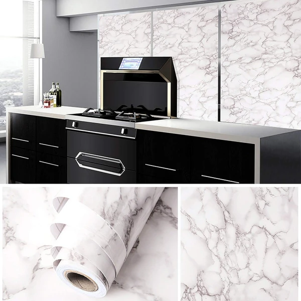  Marble Sticker For Kitchen Countertops Waterproof Black Marble Wallpaper Self Adhesive And Removable Marble Paper For Kitchen Bathroom Cabinet Furniture (60*200 Cm)