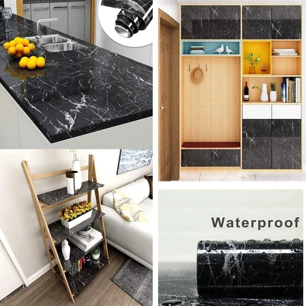  Marble Sticker For Kitchen Countertops Waterproof Black Marble Wallpaper Self Adhesive And Removable Marble Paper For Kitchen Bathroom Cabinet Furniture (60*200 Cm)