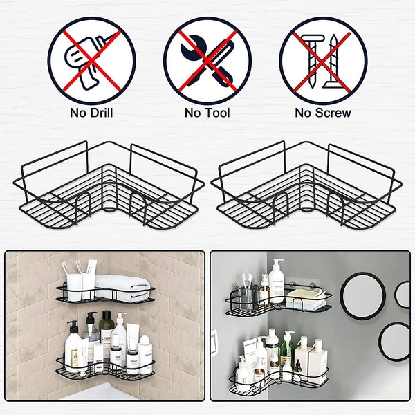 Self-Adhesive Shelves for Corner Walls for Bathroom Organizer - Bathrom Corner Shelf with Magic Sticker (Black) Metal