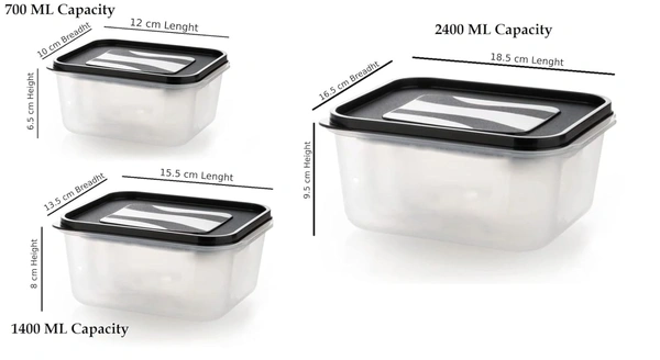  Plastic food Storage Container With Airtight Lid For Kitchen Firdge Safe BPA Free Capacity 700ml,1400ml,2400ml, Set of 3