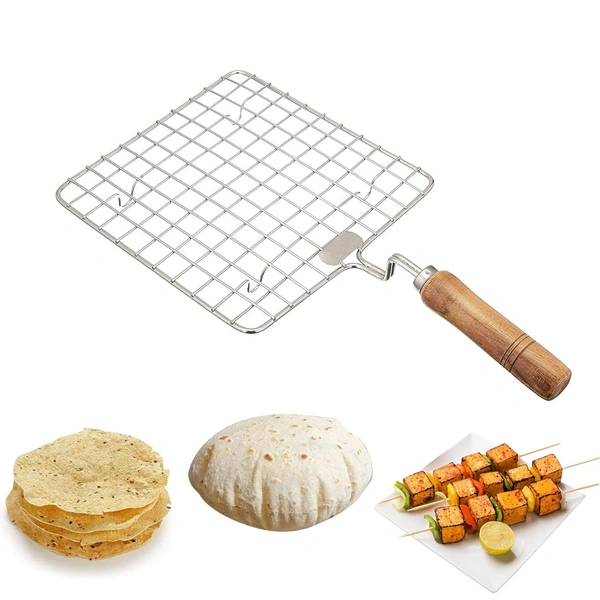 Stainless Steel Multi-Functional Wire Steaming Cooling and Baking Barbecue Rack Square Wire Roaster Rack/Papad Jali/Roti Grill Round Shape with Wooden Handle