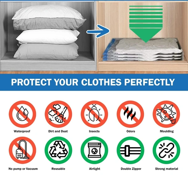 Space Saver (Pack of 5) Reusable Vacuum Storage Ziplock Compression Sealer Bags for Travel clothes & home with hand Pump 2 Small (40x 60 cm), 2 Medium (50x70cm), 1 Large (60x80 cm, plastic)