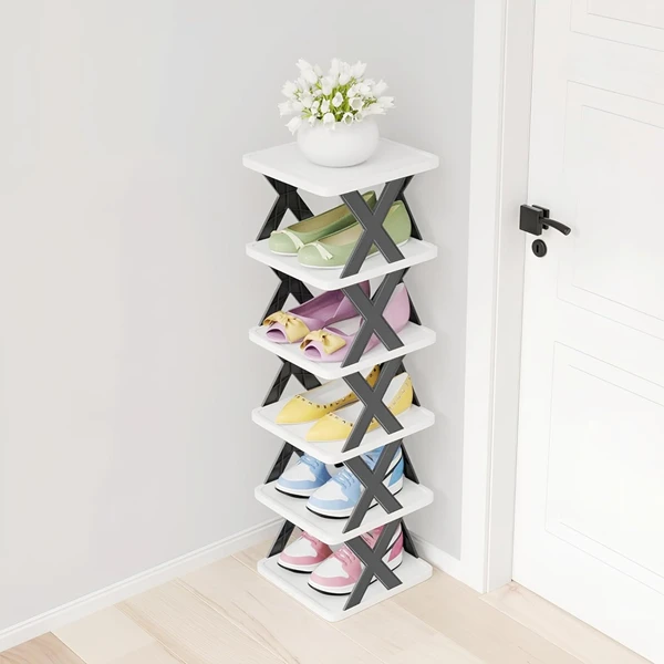 6 Layer shoes rack for home plastic, Adjustable Shoe stand organizer stackable storage bedroom entryway slots shelf footwear rack, Multi-Purpose durable plastic (Six L Shoe Rack)