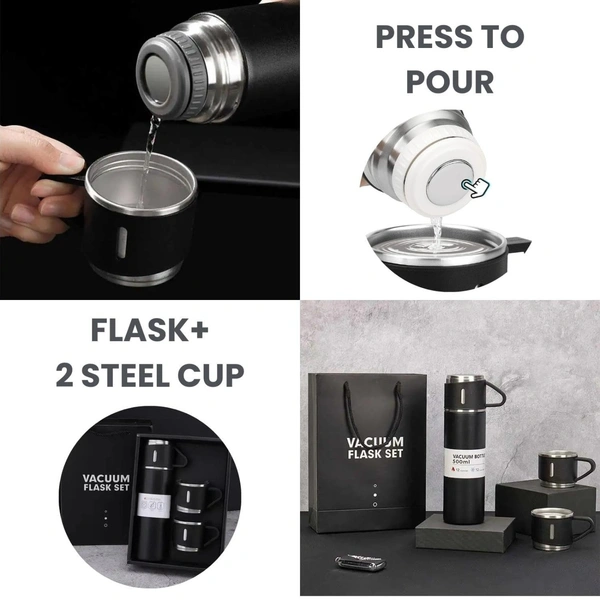 Vacuum Flast Set with 2 Mugs (Blue)