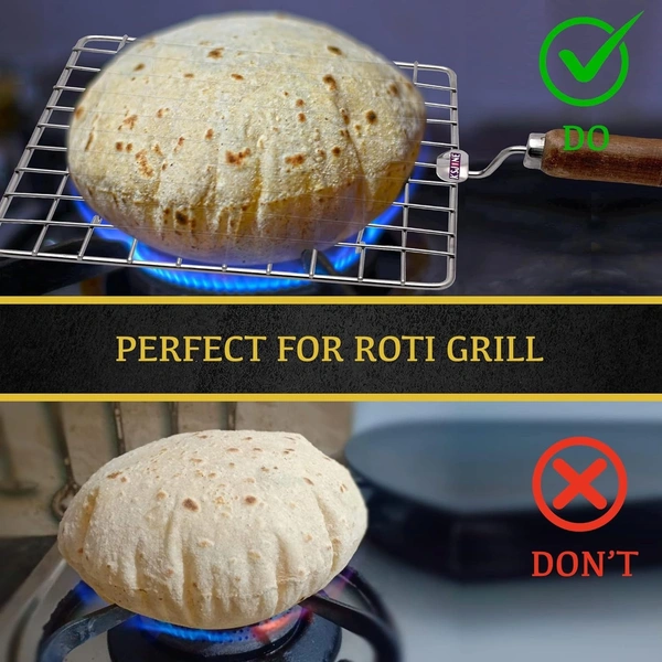 Stainless Steel Multi-Functional Wire Steaming Cooling and Baking Barbecue Rack Square Wire Roaster Rack/Papad Jali/Roti Grill Round Shape with Wooden Handle