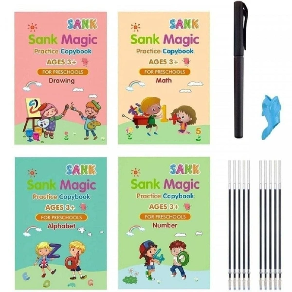Magic Book for Kids, Sank Magic Practice Copybook, (4 Book+10 Refill+1 Pen+1 Grip) Number Tracing Book for Pre-Schoolers with Pen, Magic Calligraphy Copybook Set Writing Tool for Kids