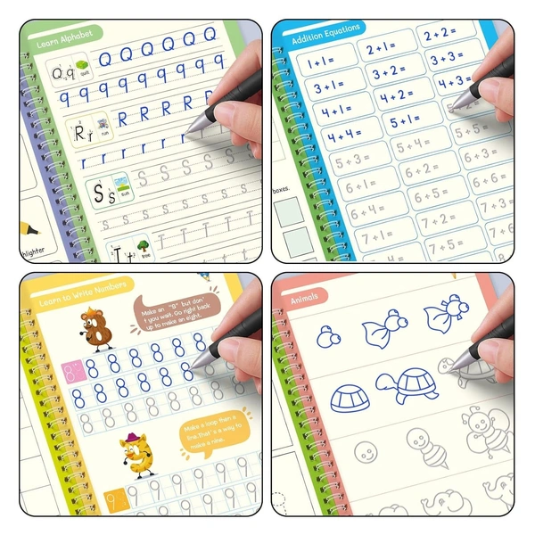 Magic Book for Kids, Sank Magic Practice Copybook, (4 Book+10 Refill+1 Pen+1 Grip) Number Tracing Book for Pre-Schoolers with Pen, Magic Calligraphy Copybook Set Writing Tool for Kids