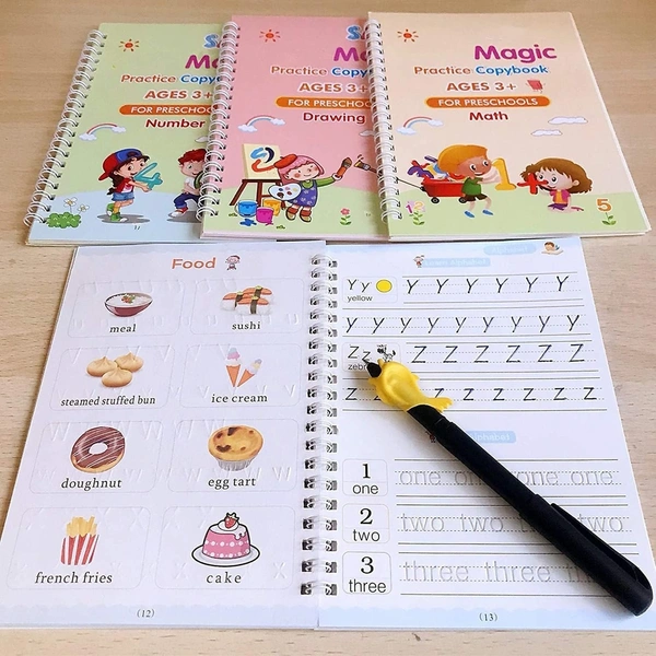 Magic Book for Kids, Sank Magic Practice Copybook, (4 Book+10 Refill+1 Pen+1 Grip) Number Tracing Book for Pre-Schoolers with Pen, Magic Calligraphy Copybook Set Writing Tool for Kids