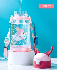  Water Bottle 600 Ml With Sipper For Kids Cute (Unbreakable, Freezer Safe) Plastic, School Sports Bottle For Girls/Boys Bpa Free Bottle 1 Piece,