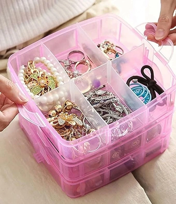 18 Grid Square Storage Box | 3 Layer | With Removal Dividers | Portable | Transparent | Detachable | Jewelry, Craft Beads, Buttons Cosmetic Organizer | Plastic | Pink | 16 x 11 x 14 cm - 16 x 11 x 14 cm
