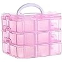 18 Grid Square Storage Box | 3 Layer | With Removal Dividers | Portable | Transparent | Detachable | Jewelry, Craft Beads, Buttons Cosmetic Organizer | Plastic | Pink | 16 x 11 x 14 cm - 16 x 11 x 14 cm